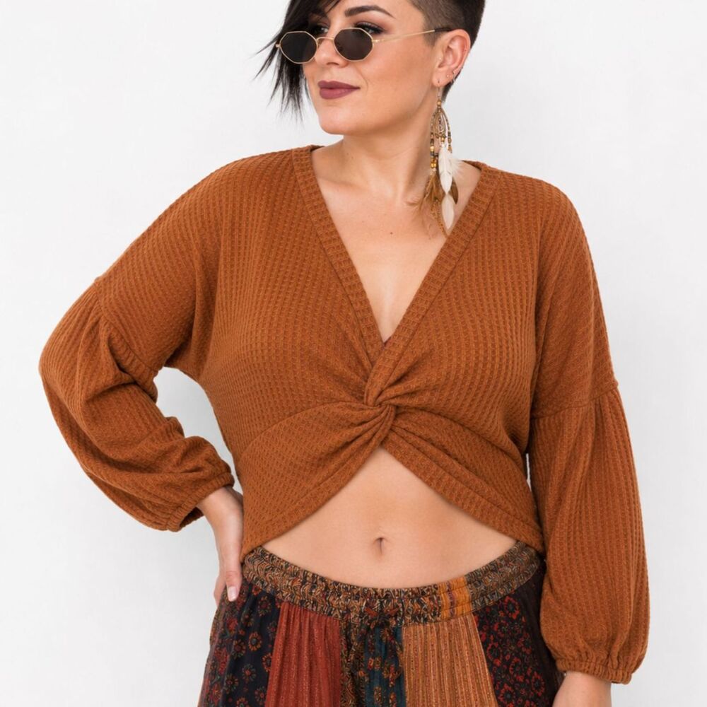 Waffle Knit Crop Blouse M L Burnt Orange Nutmeg Twist Balloon Thermal Festival